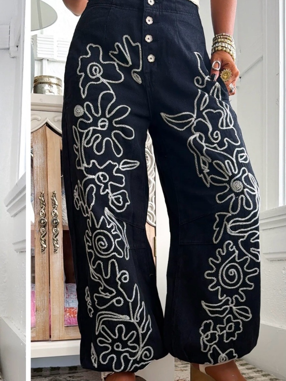 Black Wide Leg Pants with White Floral Embroidery